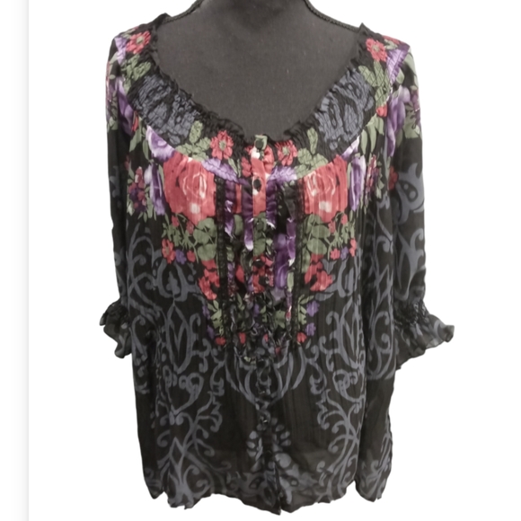 Avenue Tops - The Avenue Sheer Black Floral Multi Long Sleeve Button Front Ruffle at Neckline